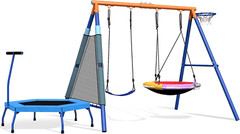 5-in-1 Kids Swing Set with Trampoline, Saucer Swing & Basketball Hoop