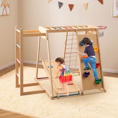 6-in-1 Jungle Gym w/Slide Rock Climbing Basketball Hoop Monkey Bar Rope Net