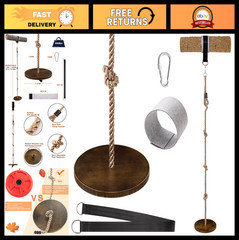 Adjustable Wooden Round Disc Rope Swing 51”-73” with Snap Hook & Felt Protectors