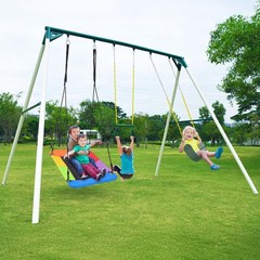 700lbs 9.5ft Heavy Duty Metal Swing Set for Backyard with 3 Swings & Trapeze Bar