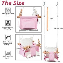 Indoor Baby Swing Wooden Baby Hanging Swing Chair Canvas Baby Pink and White