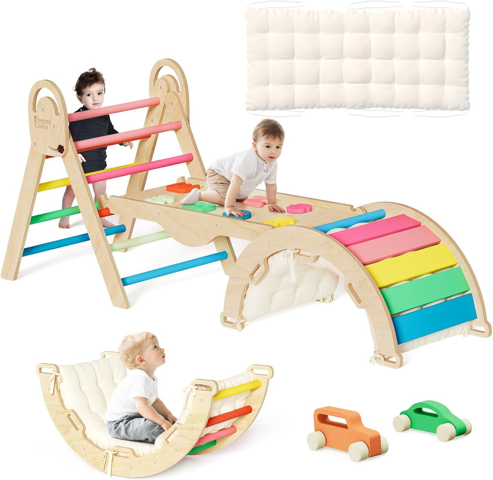 Elegantcrafts Pikler Triangle Set with Cushion, Montessori Climbing Set, Indoor