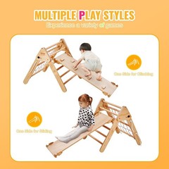 3-in-1 Wooden Climbing Triangle for Toddlers with Ramp, Natural Wood Finish