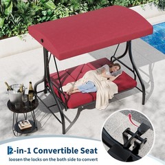 Red 3-Seat Patio Swing, 180° Reclining Bed, Adjustable Canopy, 800lb Steel