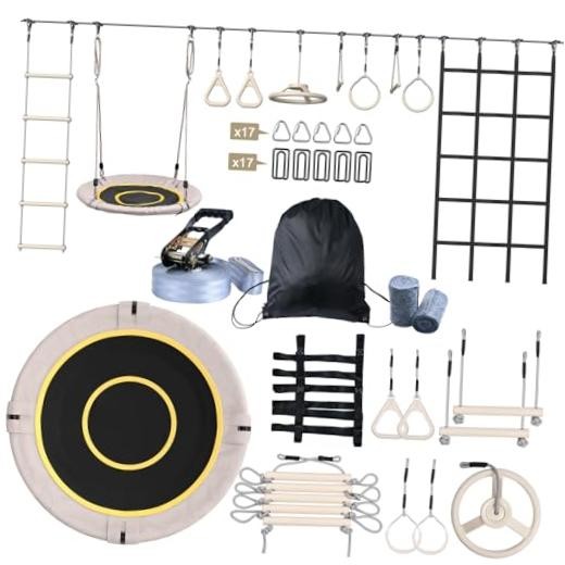Ninja Warrior Obstacle Course Swing Set for Kids with Weather 60 FT Beige
