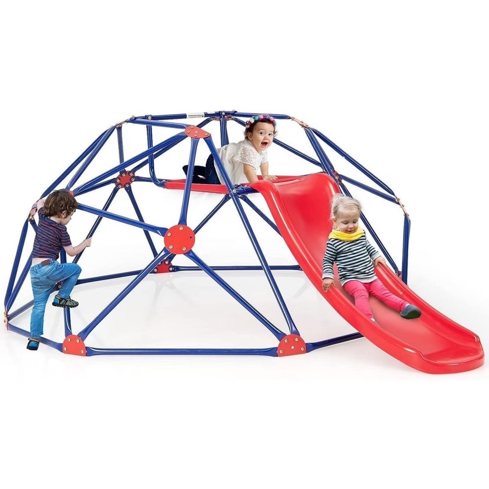 8 FT Climbing Dome with Slide, Kids Outdoor Toys Jungle Gym Geodesic Climber