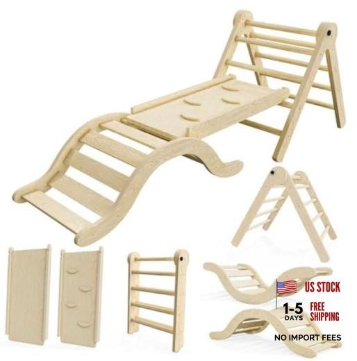Pikler Triangle Set Climber 5 in 1, Toddler Climbing 99″Wx21″Dx23″H Natural