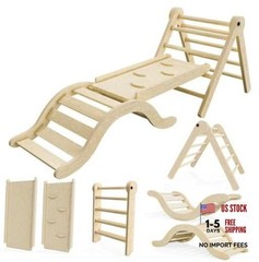 Pikler Triangle Set Climber 5 in 1, Toddler Climbing 99″Wx21″Dx23″H Natural