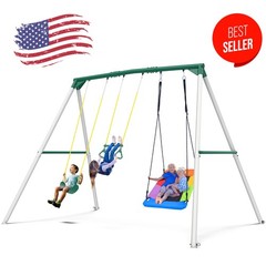 Hapfan 9.5ft Tall Heavy Duty Swing Sets for Backyard with 3 Swings & Trapeze Bar