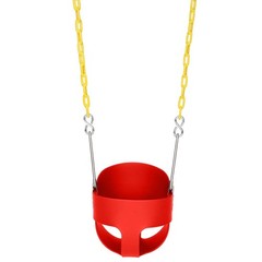 High Back Full Bucket Kids Swing Seat with Plastic Coated Chains and Red