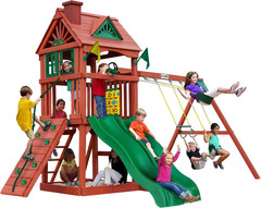 Wooden Swing Set with Wood Roof Two Slides Swings and Climbing Wall Playsets NEW
