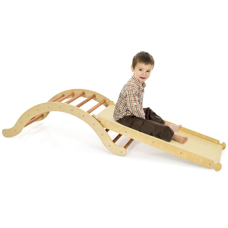 3-in-1 Kids Climber Ladder Wooden Arch Rocker board W/ Sliding & Climbing Ramp