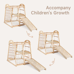Indoor Jungle Gym, 8 in 1 Wooden Montessori Toddler Climbing Toys with Adjustabl