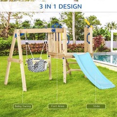 Outsunny 3 in 1 Wooden Outdoor Playset with Baby Swing Seat, Toddler Slide, Ages