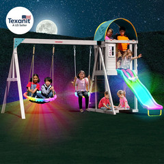Amelia Galaxy Cedar Wooden Swing Set for Night Play with 2 LED Swings, Play Fort