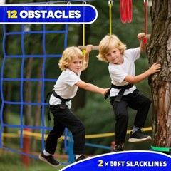 Ninja Warrior Obstacle Course for Kids Backyard – 2×50Ft Slackline Kit