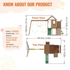 9-in-1 Outdoor Wooden Swing Set with 6ft Slide & Upper Fort Playground