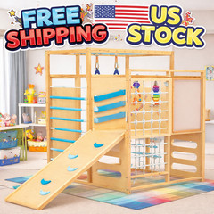 9-in-1 Indoor Jungle Gym, Wooden Toddler Jungle Gym Playground Set, Wood Outdoor