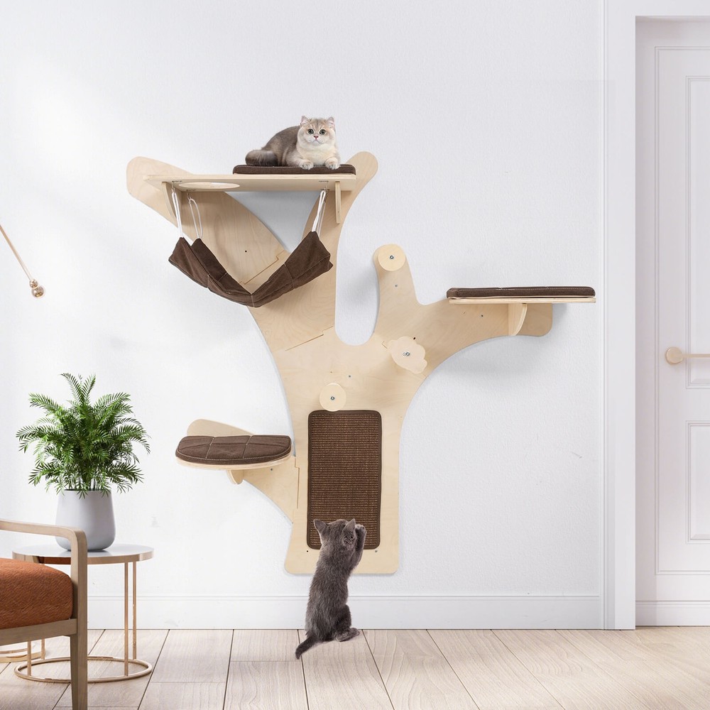 Wall-Mounted Cat Tower w/ Perch Hammock Sisal Scratching Posts & Mat Cushions