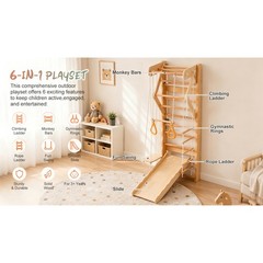 6-in-1 Swedish Ladder Wall Gym, Wooden Indoor Play Set with Swing & Slide