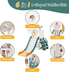 6 in 1 Toddler Playset with Hoop Ball Kids Playground Slide Outdoor Green
