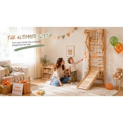 6-in-1 Swedish Ladder Wall Gym, Wooden Indoor Play Set with Swing & Slide