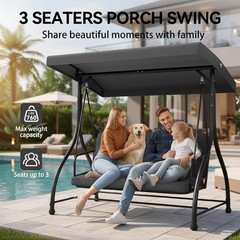 3-Seat Outdoor Porch Swing Glider with Adjustable Canopy, Patio Swings Bed with