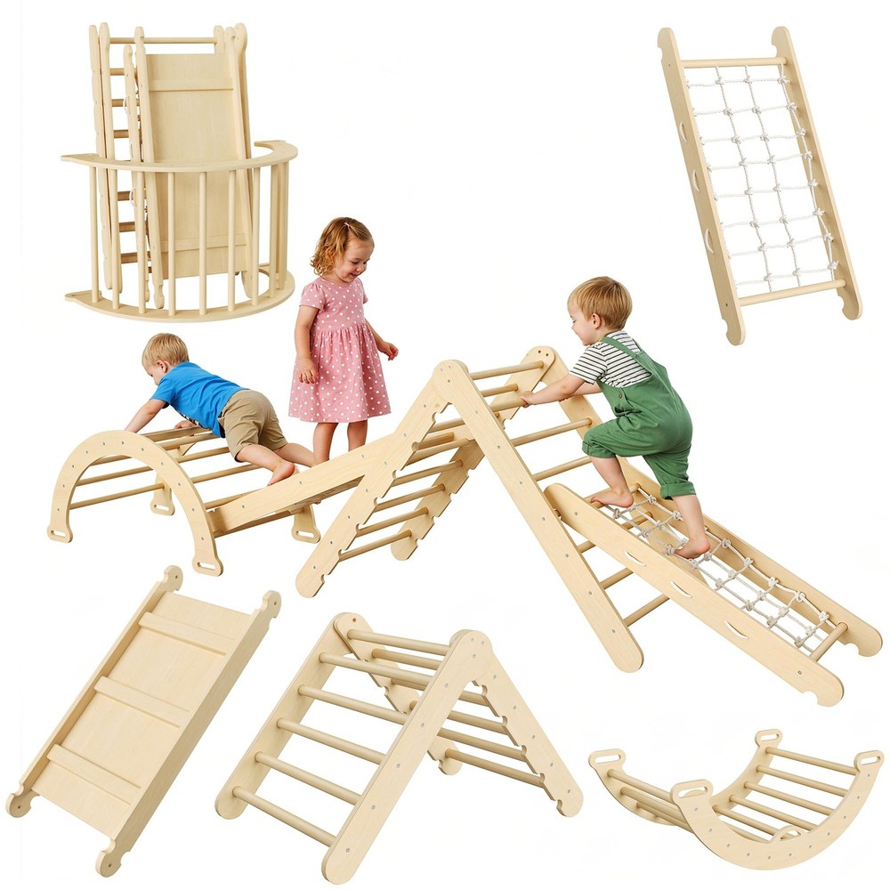 Pikler Triangle Set 7in1 Foldable Baby Climbing Toys Wooden Climbing Set Toddler