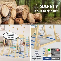 Indoor Jungle Gym 9-in-1 Wooden Montessori Climbing Kids Toys w/Slide, Swing, Mo
