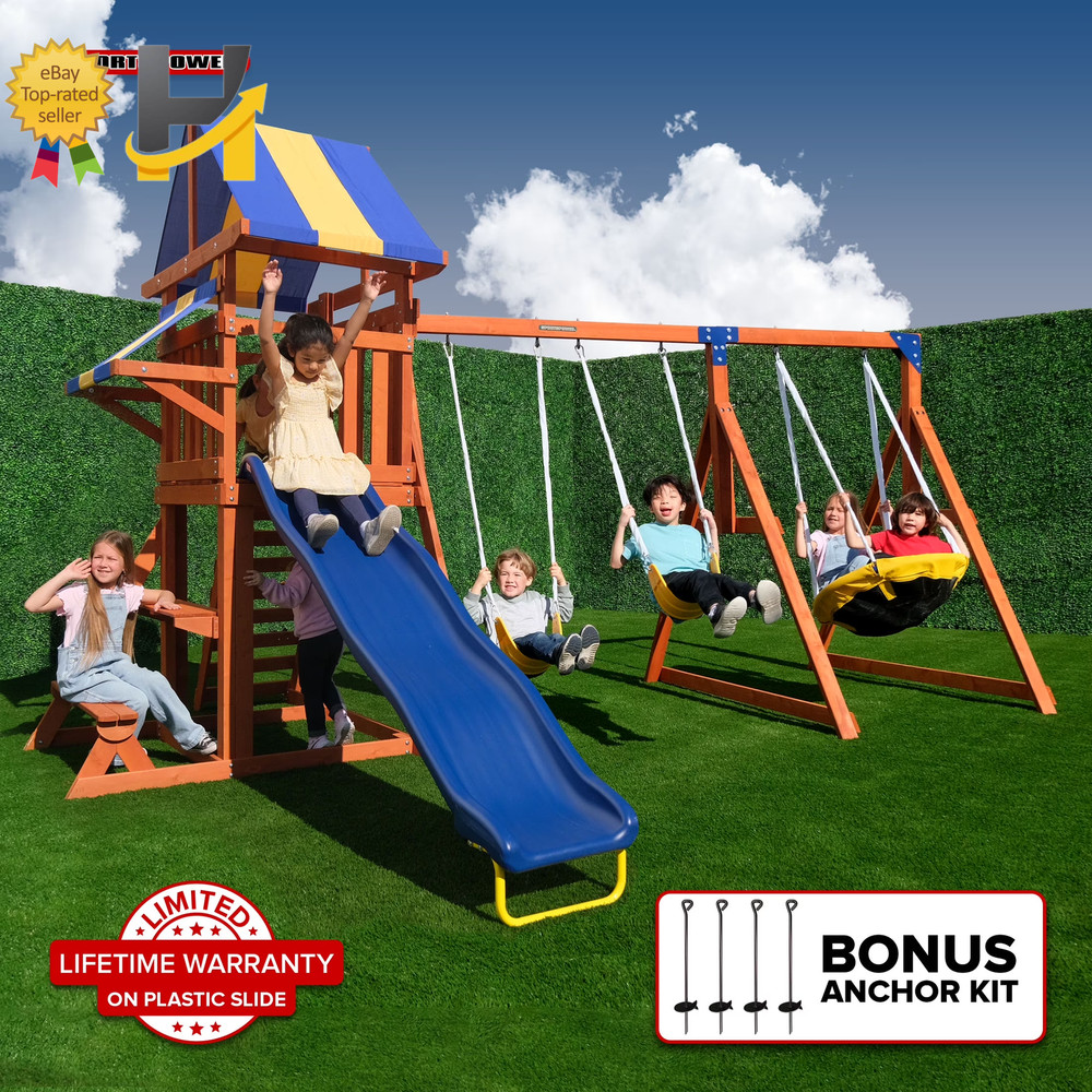 Wooden Swing Set with Saucer Swing Play Fort Bench with Table Sandbox Slide NEW