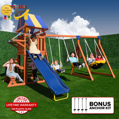 Wooden Swing Set with Saucer Swing Play Fort Bench with Table Sandbox Slide NEW