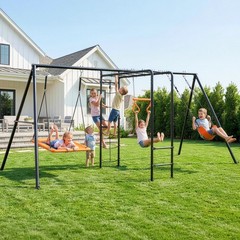 Heavy-Duty Metal Swing Set for Backyard Outdoor Playset w/ Monkey Bars, 2 Swings