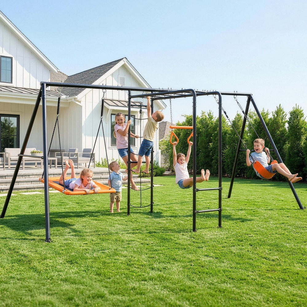 Large Metal Swing Set Playground Set Swings Set for Kids Backyard w/ Monkey Bar