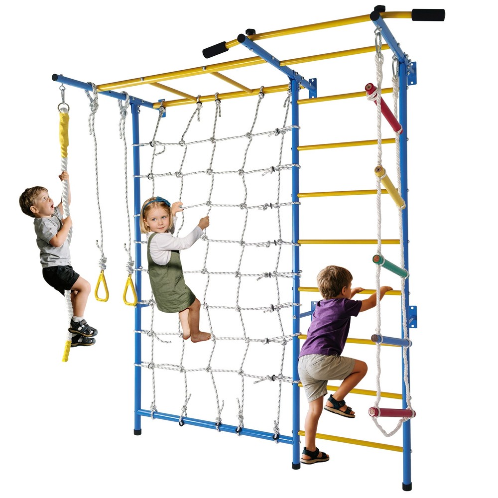 7 in 1 Indoor Playground Wall Gym with Monkey Bars and Gymnastic Rings