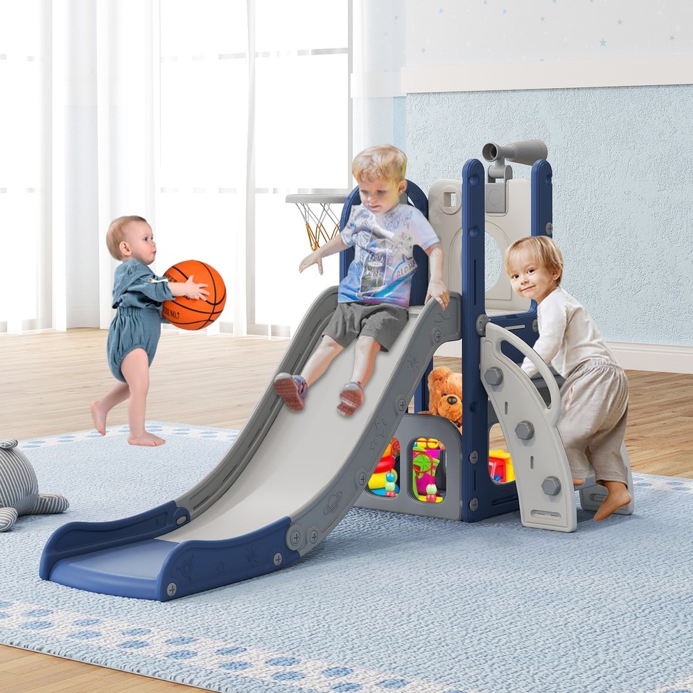 6 in 1 Toddler Slide with Basketball & Telescope, Indoor Playset for Age 1-3