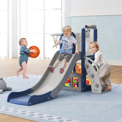 6 in 1 Toddler Slide with Basketball & Telescope, Indoor Playset for Age 1-3