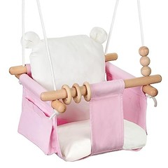 Indoor Baby Swing Wooden Baby Hanging Swing Chair Canvas Baby Pink and White