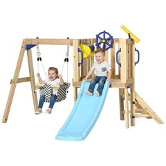 Outsunny Wooden Swing Set with Slide, Baby Swing Seat, Fort for 1.5-4 Years
