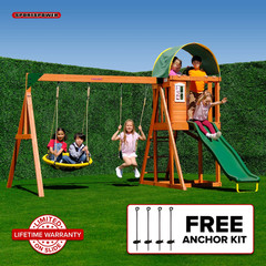 Wooden Swing Set with 2 Person Saucer Swing 6′ Blow Molded Slide Heavy Duty Doub