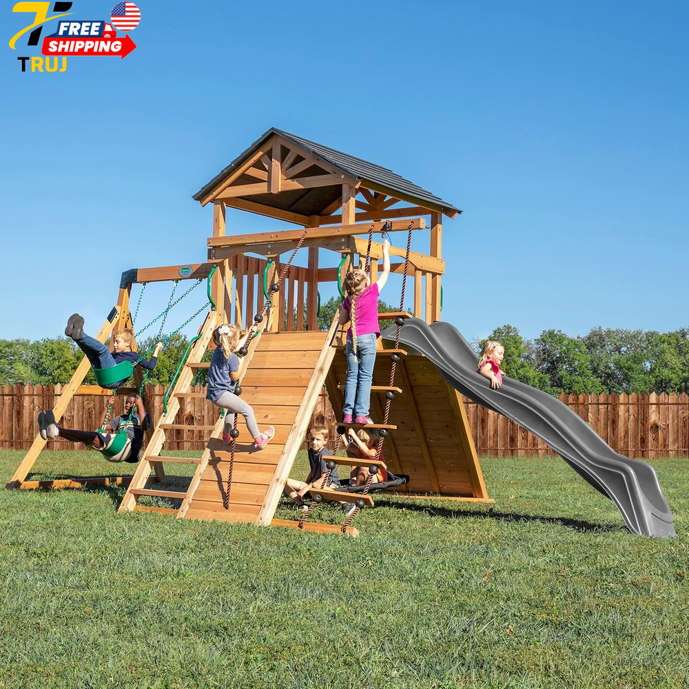 Endeavor Cedar Wood Swing Set with Wave Slide Play Deck Double Rock Wall Rope
