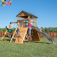 Endeavor Cedar Wood Swing Set with Wave Slide Play Deck Double Rock Wall Rope