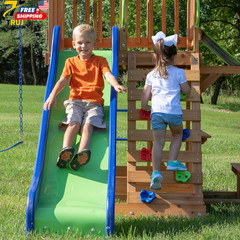 Beach Front Cedar Wood Swing Set with Wave Slide Play Deck Outdoor Playset NEW