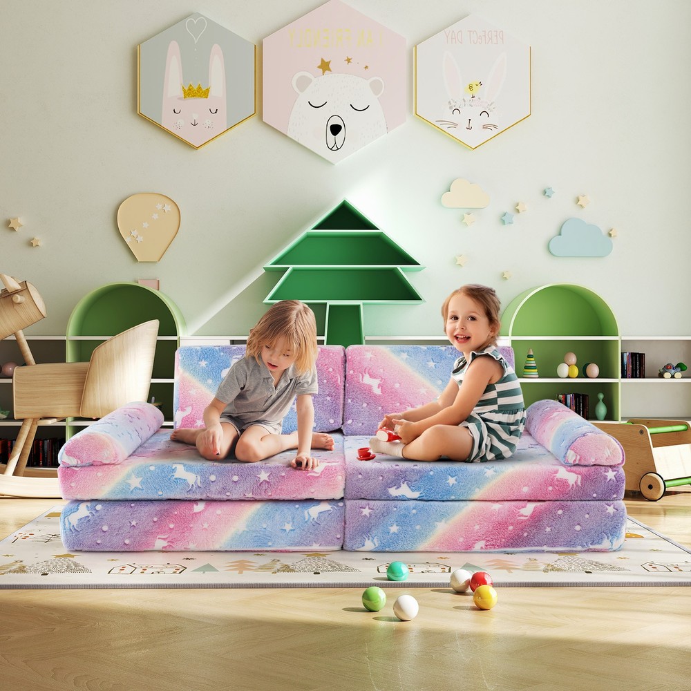8 Pieces Modular Kids Play Couch Glow in Dark Toddler Sectional Sofa Multi Color