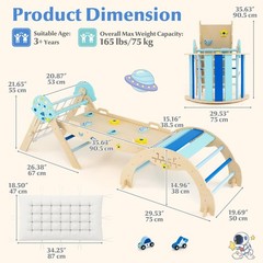 Pikler Triangle Set, 13 in 1 Astronaut Theme Foldable Wooden Montessori Toddl…