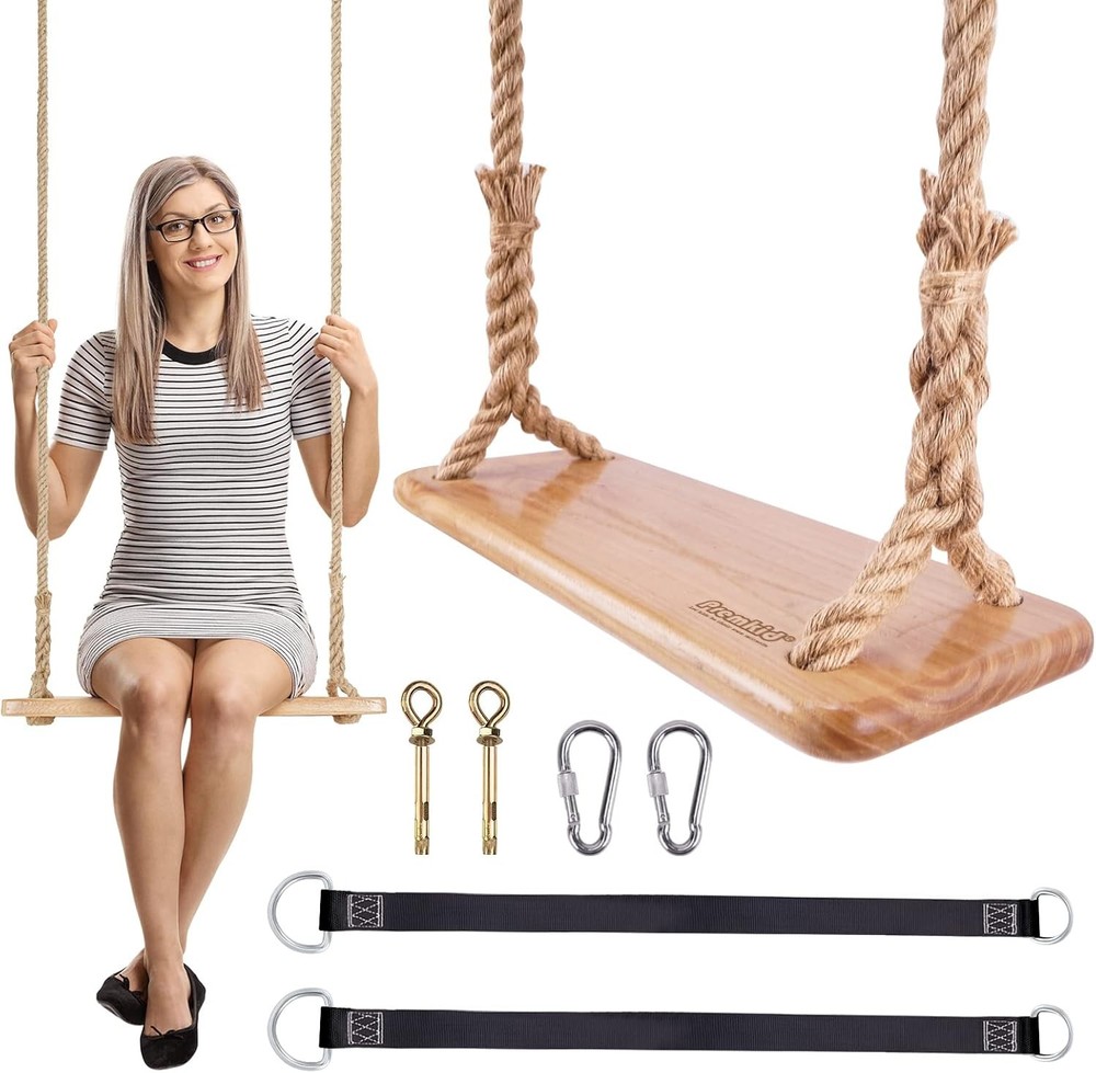Hanging Wooden Swing 24″x 8″x 1.2″ Tree Swing Adults & Kids W/ 500lbs Load