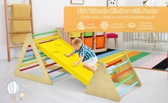 3-in-1 Kid Climbing Ladder Set 2-Triangle Climber W/ Ramp Sliding Wooden Playset