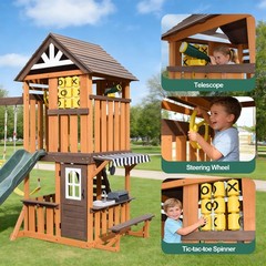 Giant Kid Wood Swing Set Slide,Rock Wall,Toy Kitchen Outdoor Backyard Playground