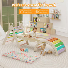 Pikler Triangle Set with Cushion, 7-In-1 Foldable Toddler Climbing Toys, Indoor