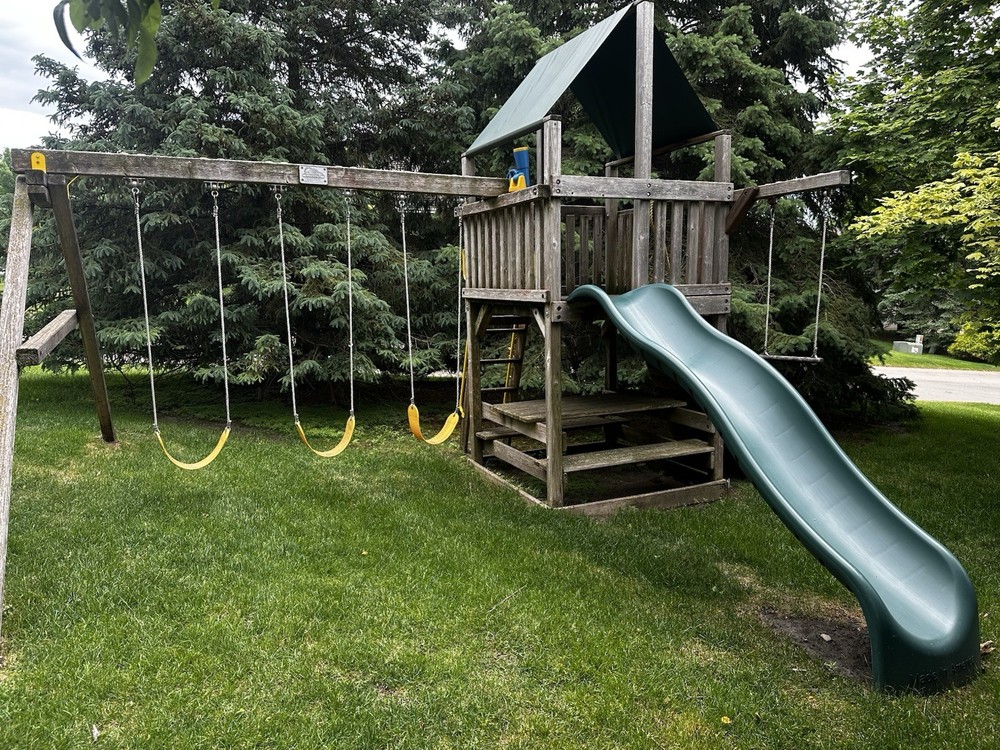 Rainbow Play Systems Wooden Outdoor Swing Set and trampoline