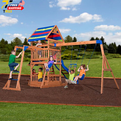 Beach Front Cedar Wood Swing Set with Wave Slide Play Deck Outdoor Playset NEW
